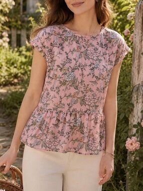LOFT Floral Pink Cap-Sleeve Peplum Top